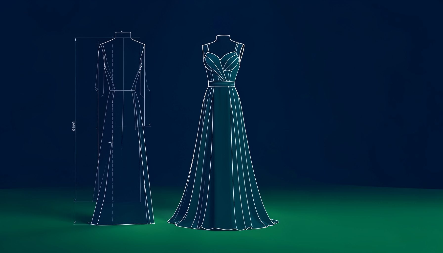 Подиум haute couture с элегантным силуэтом платья, мягкий направленный свет, тёмно-синий фон
