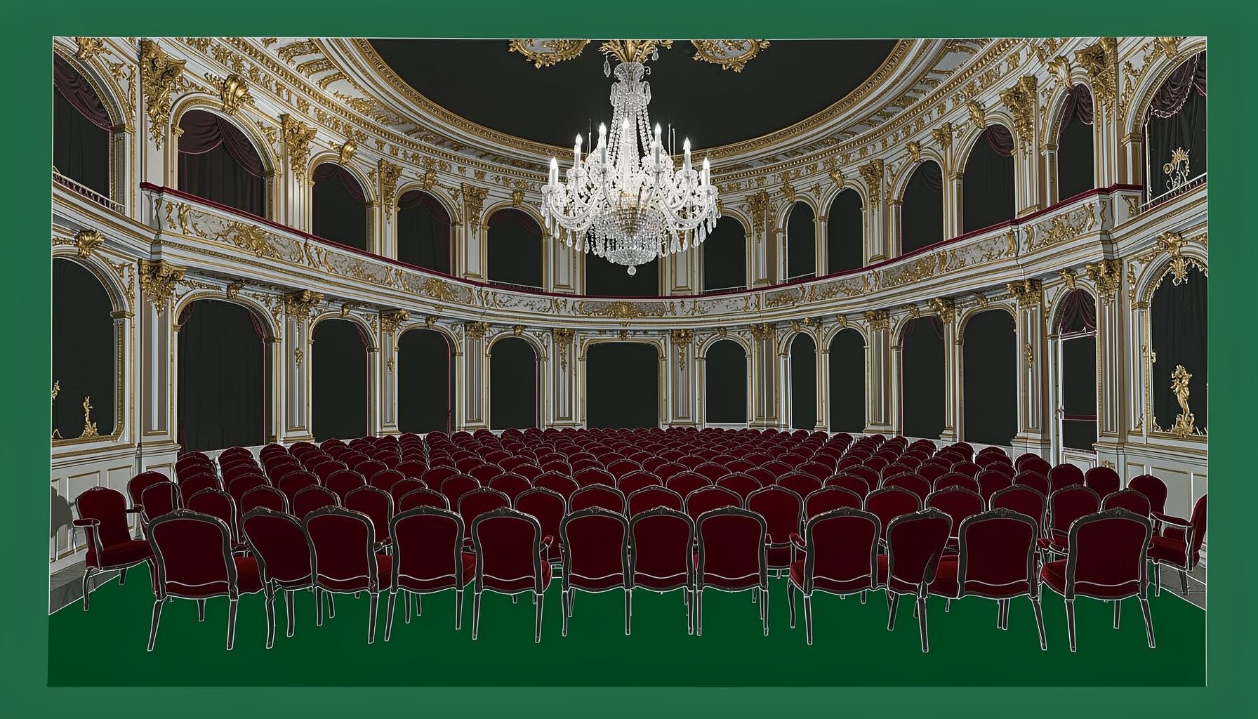 Интерьер исторического парижского театра: ряды красных бархатных кресел, позолоченная лепнина, массивная хрустальная люстра, приглушённый свет перед началом спектакля