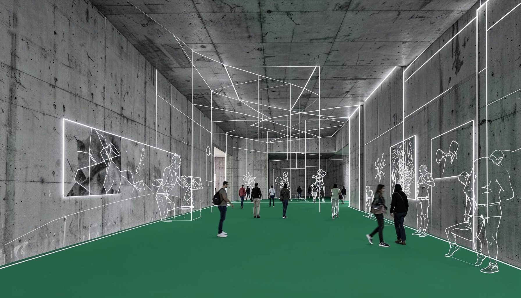 Футуристичный интерьер Palais de Tokyo: бетонные стены, инсталляции современного искусства, посетители в движении, контраст грубой фактуры и неонового света