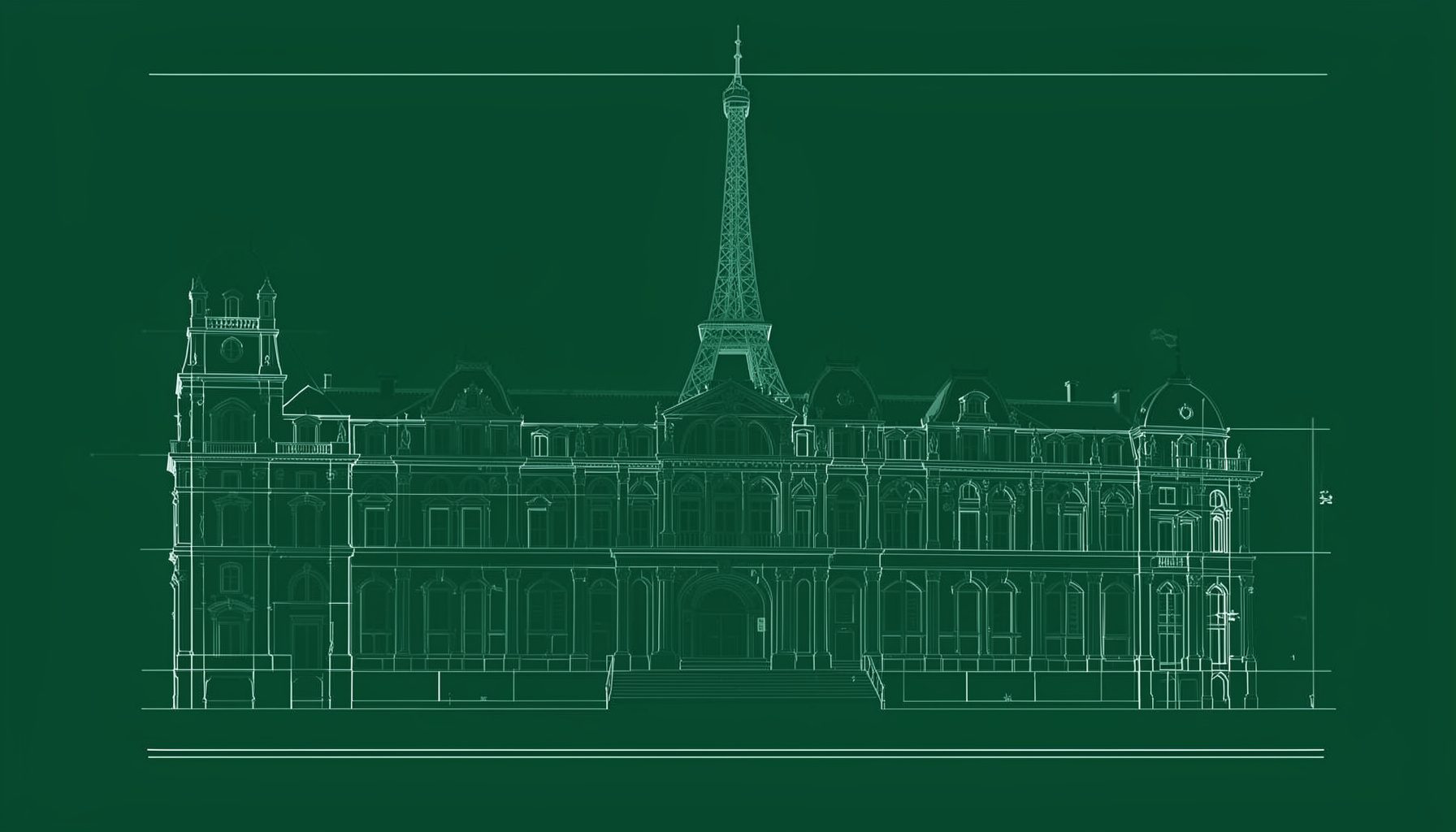 Тёмно-зелёный фон с приглушённым изображением парижской архитектуры, создающий атмосферу элегантности и сдержанной роскоши.
